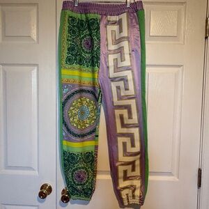 Women’s Versace Barocco Mosaic Print Joggers Lilac Green Size 44 Elastic Waist